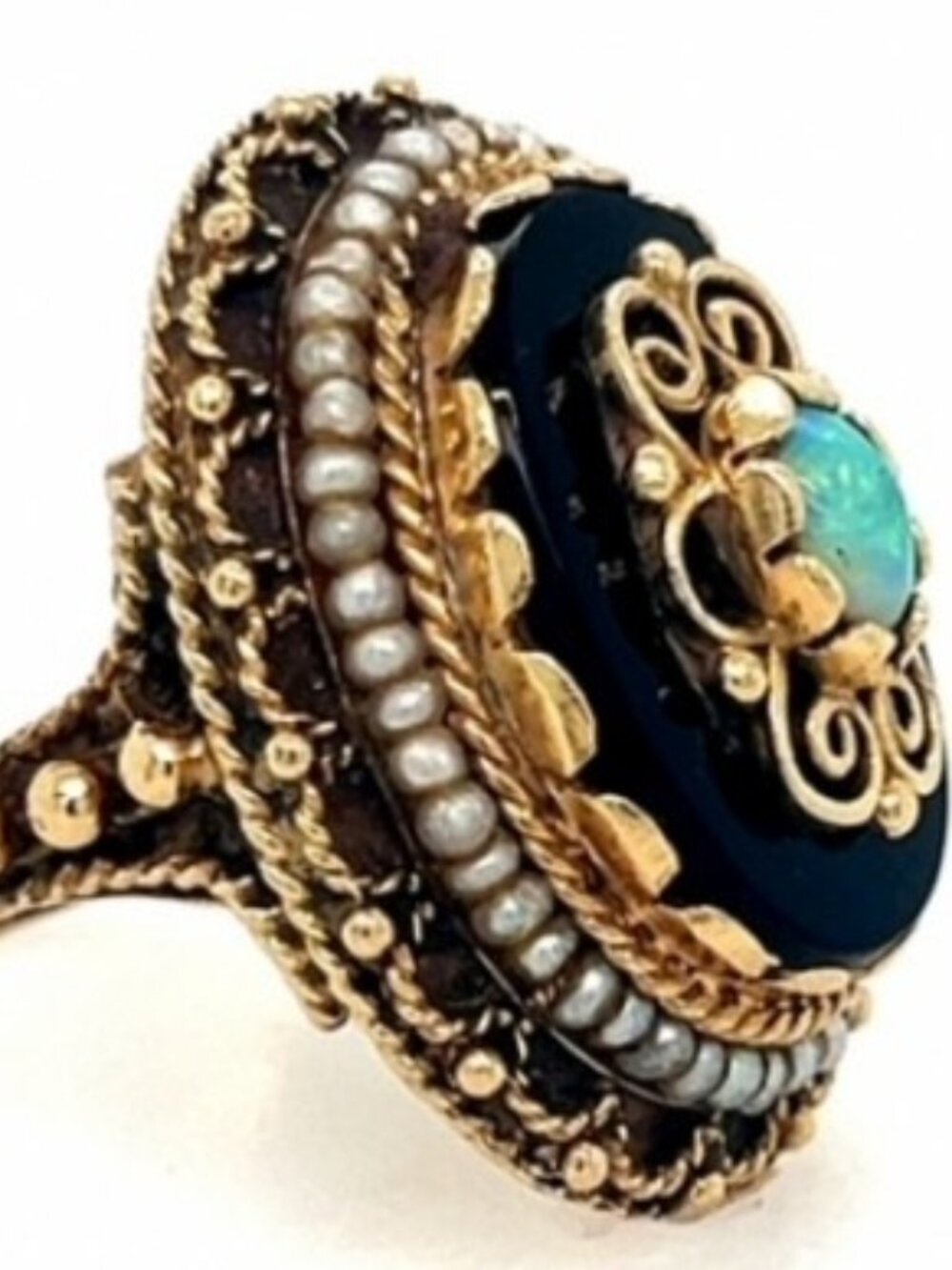 14K Opal, Onyx, Seed Pearl Solid Yellow Gold Ring
